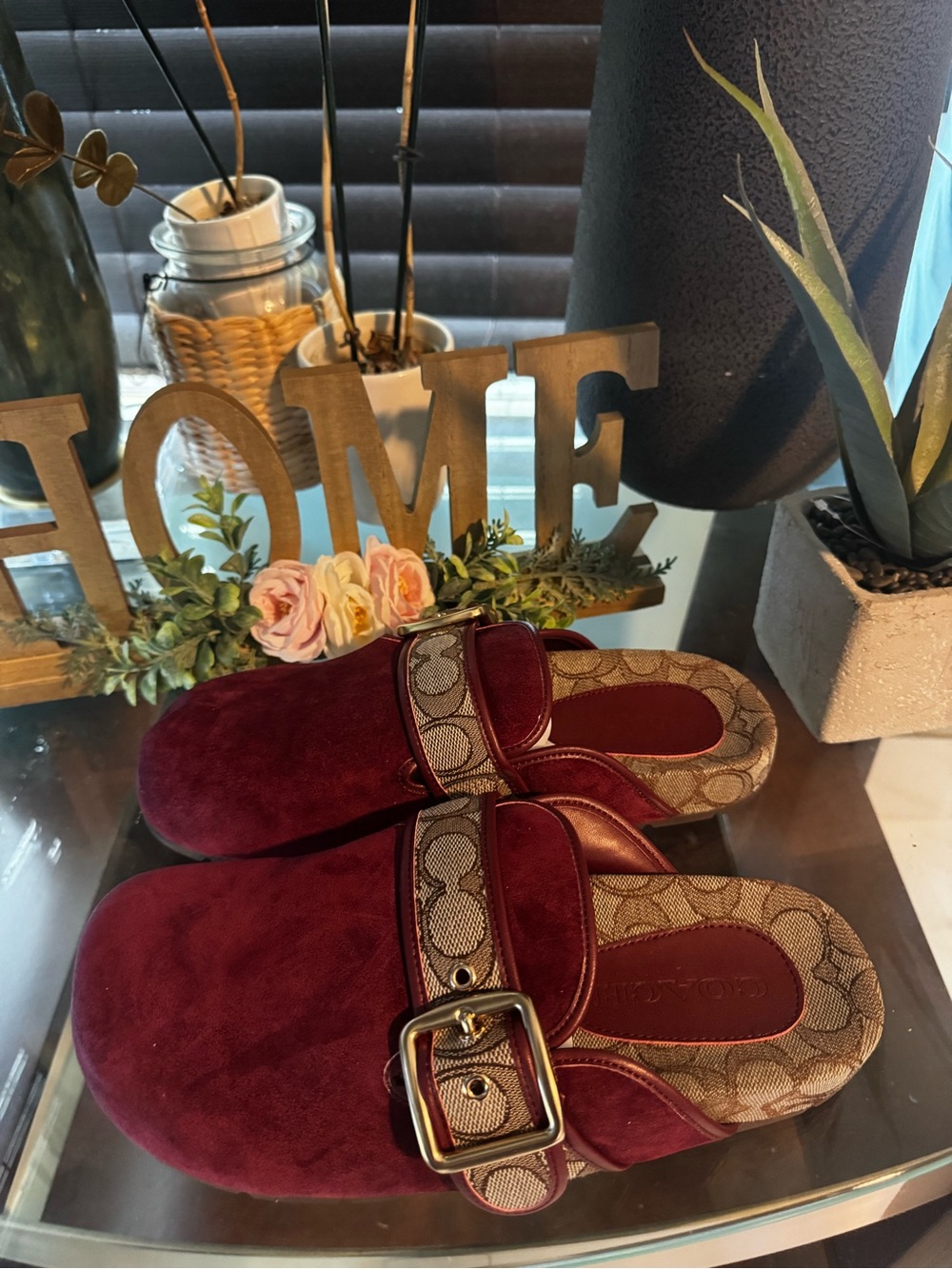 Coach Burgundy Suede Slide Mules with Signature Canvas Trim and Buckle